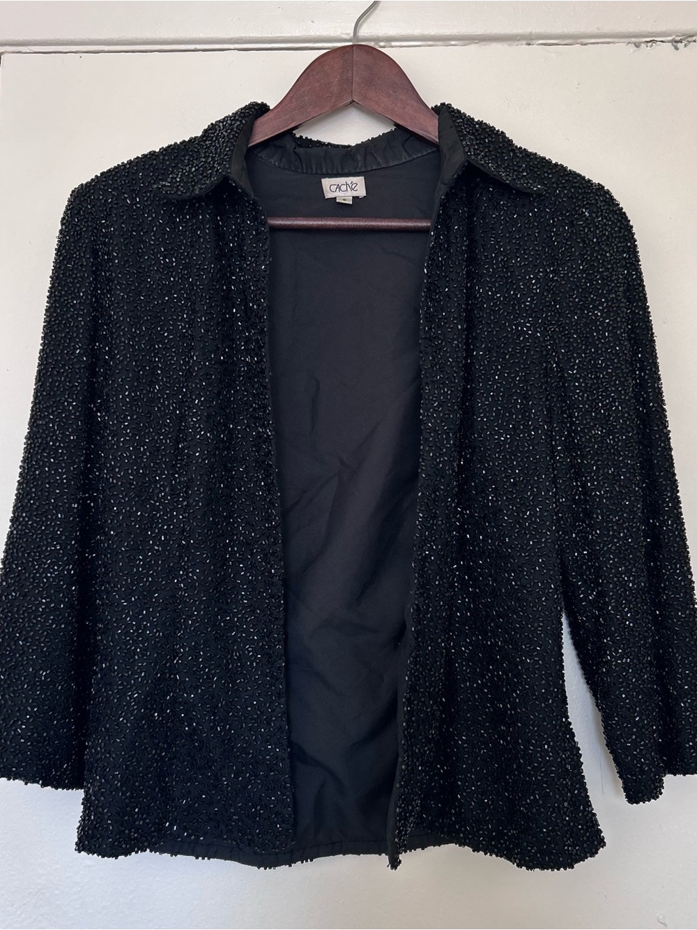 Cache Black Y2K Silk Beaded 3/4 Sleeve Open Collared Evening Jacket